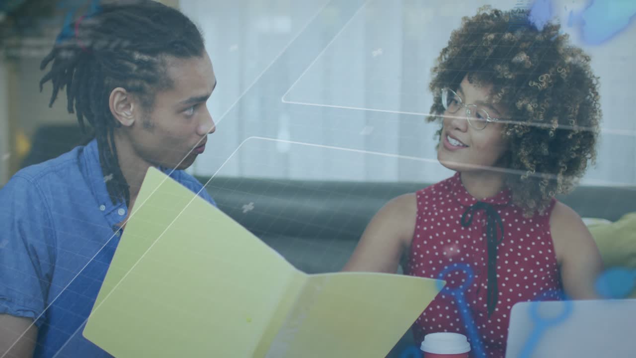 Man unfolding folder while flipping charts and woman sipping coffee, collaborating business project