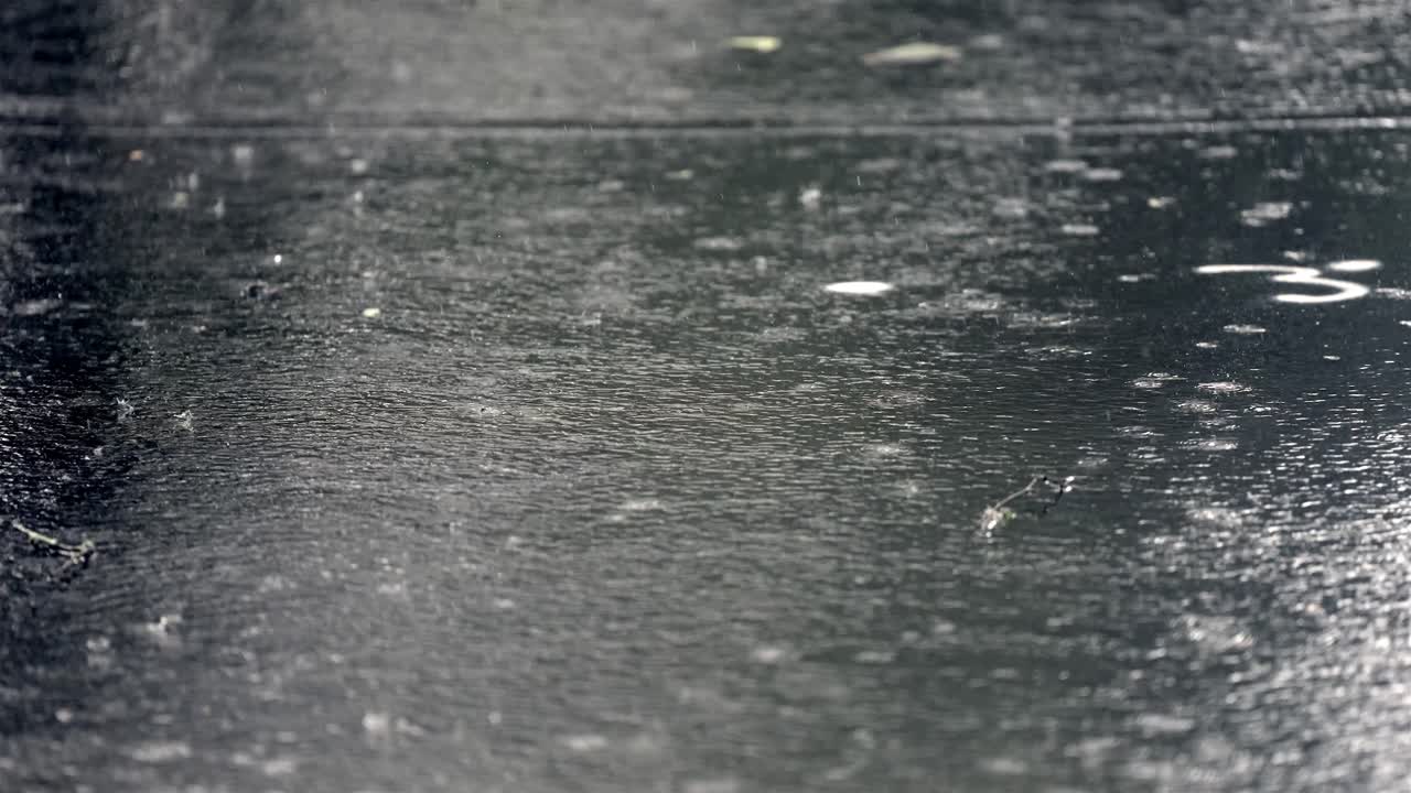 Heavy rain pelting dark asphalt, creating ripples and splashes