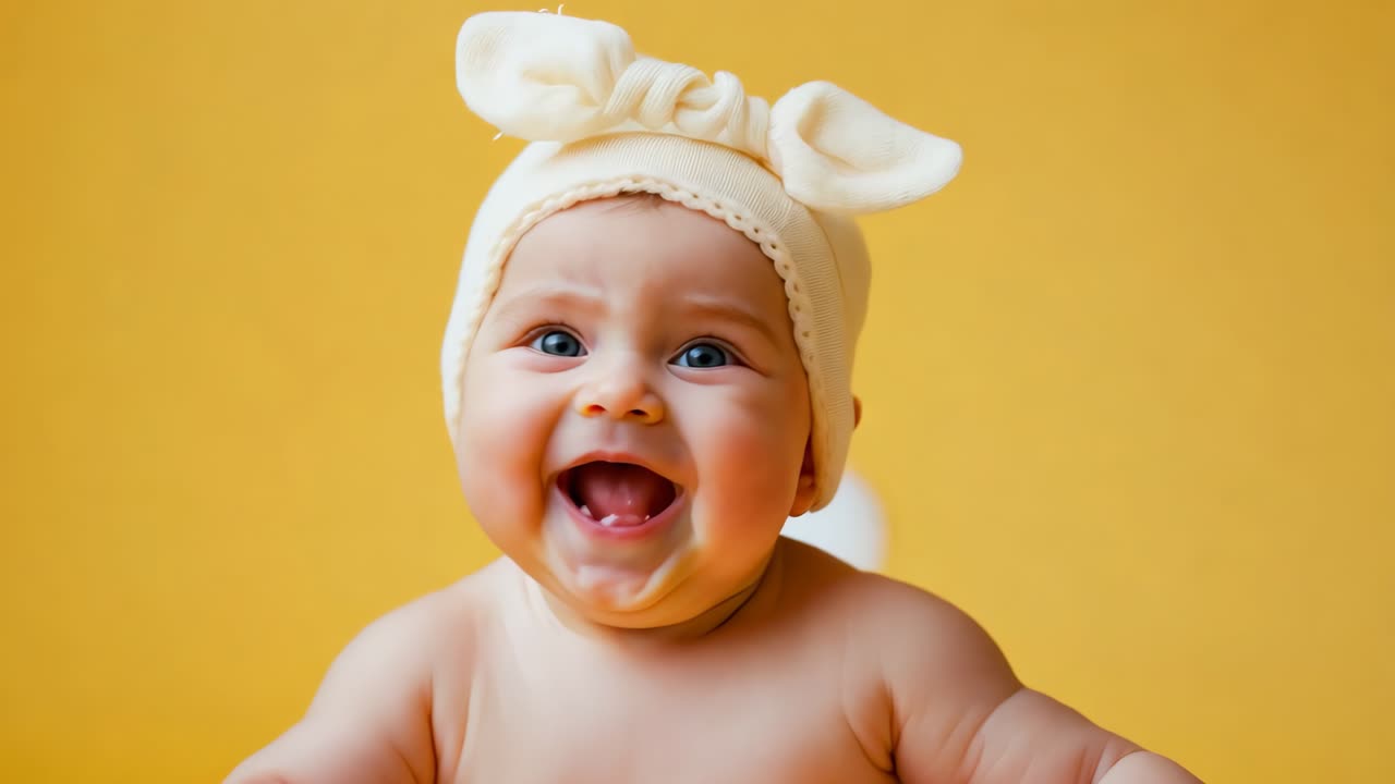 un bebé sonriente con un sombrero blanco sobre un fondo amarillo