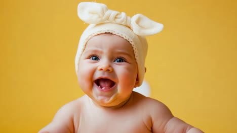 a smiling baby wearing a white hat on a yellow background