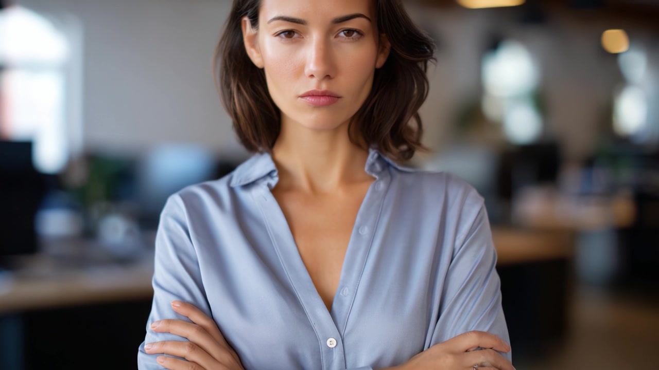 Donna seria con le braccia incrociate in un ambiente d'ufficio: che riflette determinazione e professionalità in un contesto di lavoro contemporaneo.