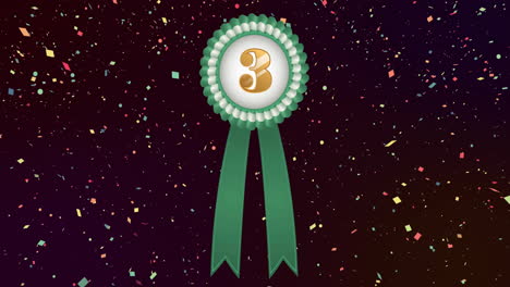 animation of green and white rosette with number 3 and falling confetti on black background