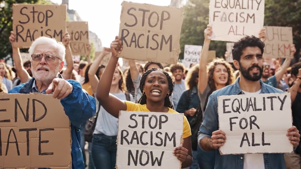A Powerful Stand Against Racism: Protesters Unite in a March for Equality, Holding Signs with Strong Messages Demanding an End to Hatred and Discrimination