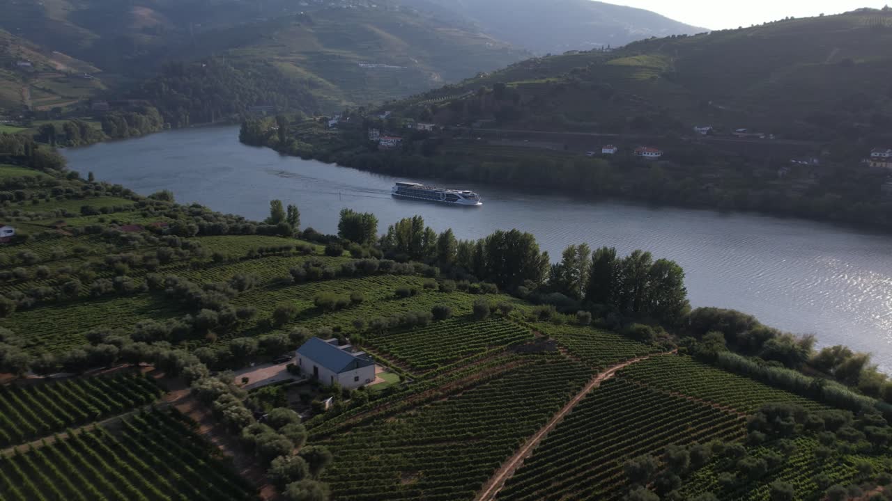 Luftfoto af vinmarker med krydstogtskib, der sejler på Douro-floden, Régua, Portugal