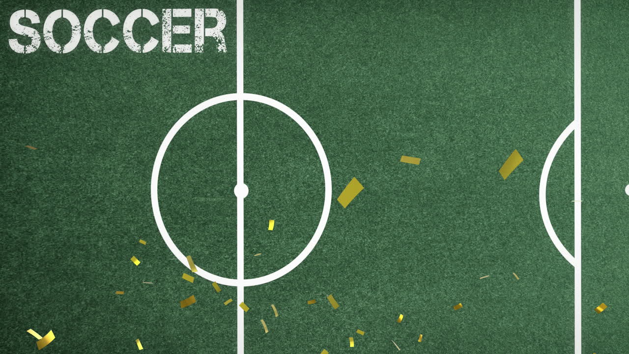 Animation of gold confetti falling over green sports pitch with the word soccer