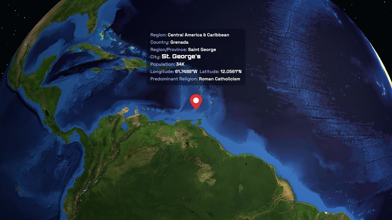 Digital earth rotates and zooms into Grenada, displaying location coordinates and regional demographic information