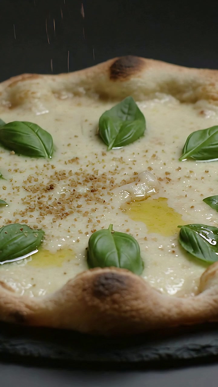 Video verticale: Condimento granulare che cade spolverando una pizza napoletana su pietra scura, mettendo in risalto il basilico