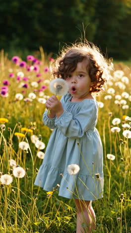 child blowing dandelion in a sunny field