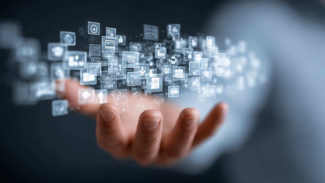 A Hand Reaching Out to Capture a Stream of Digital Icons Representing Technology and Data, Symbolizing Innovation, Connectivity, and the Future of Information Management