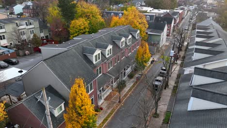 aerial rising shot with tilt down revealing townhouses in city suburb surrounded by bright yellow leaves in autumn