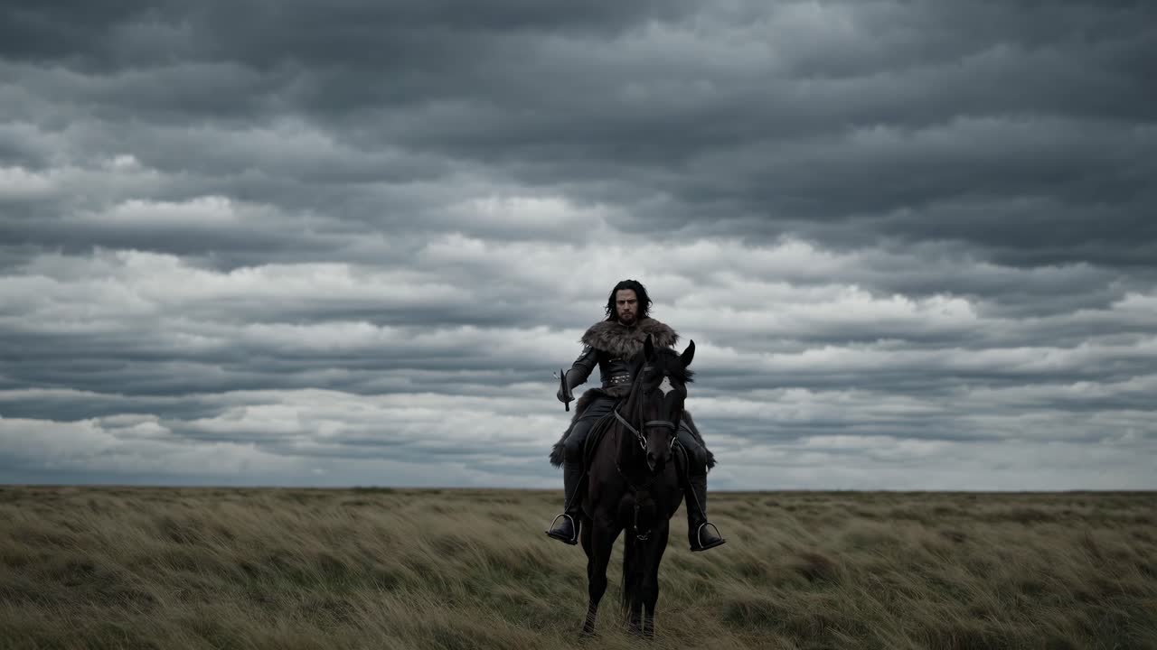 Dramatic video scene of a lone rider on horseback in a vast field, holding a sword