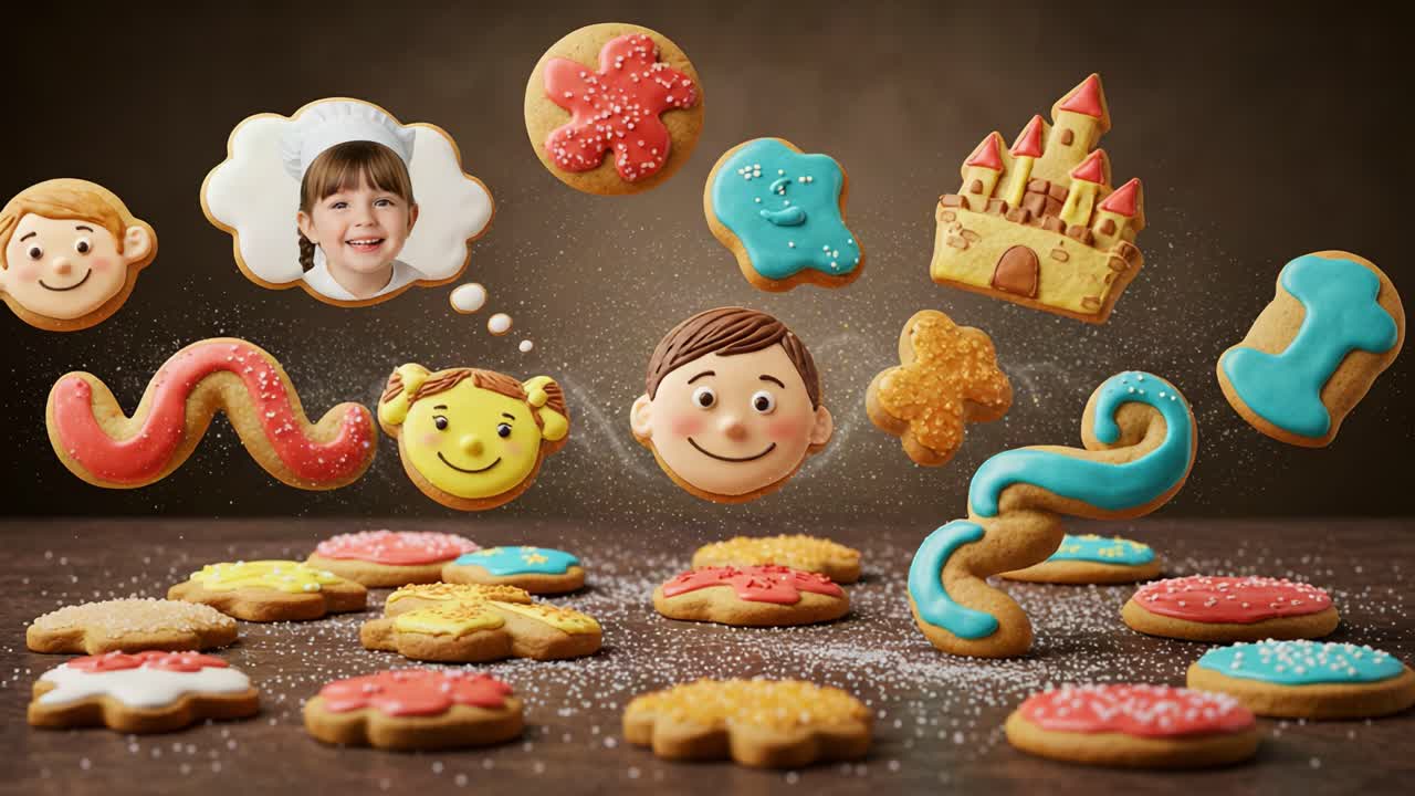 A Colorful Display of Whimsical Cookies: Delightful Treats Featuring Fun Shapes, Happy Faces, and a Dreamy Castle, Creating a Playful and Joyful Atmosphere