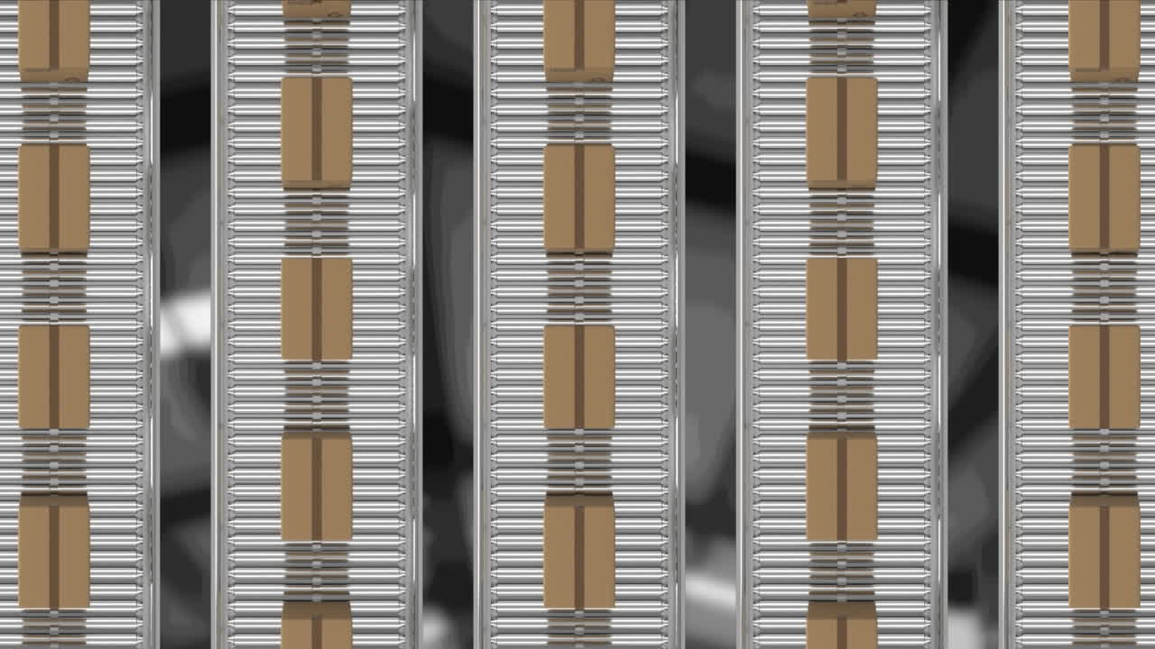 animación de cajas de cartón que se mueven en cintas transportadoras sobre el almacén