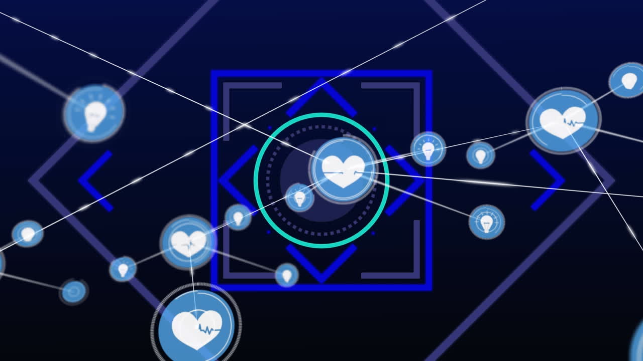 기하학적 모양 위에 아이콘으로 연결된 네트워크의 애니메이션
