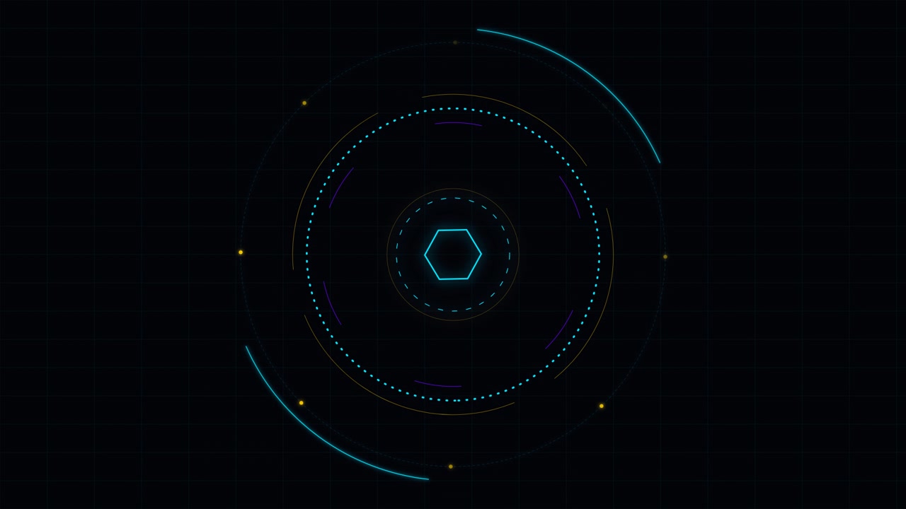 Abstract Digital HUD Interface with Rotating Hexagon and Circular Elements