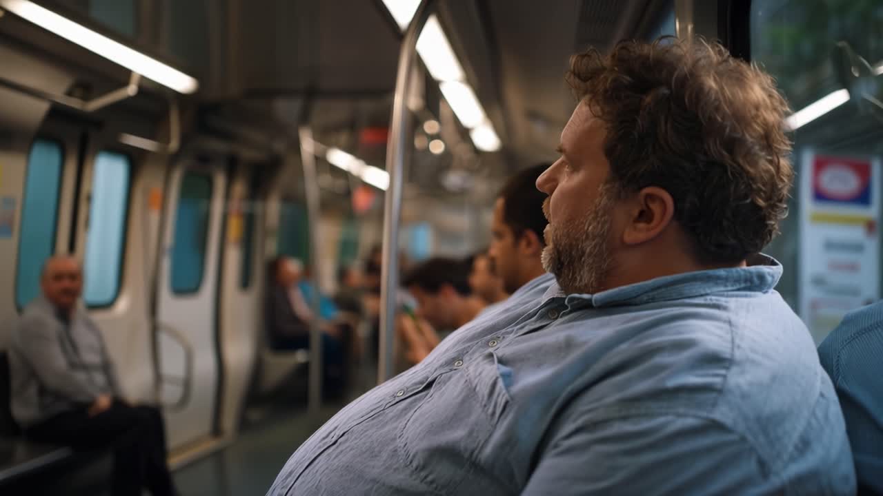 Overhead lights glow softly on a crowded subway car. Large man in a blue shirt sits, head slightly bowed. Other passengers sit, watch, or sleep near him. The scene feels ordinary, quiet