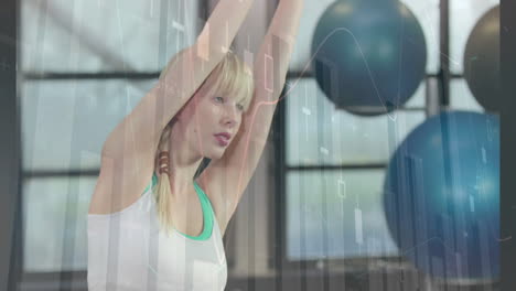 stretching in gym, woman exercising with financial data processing animation over