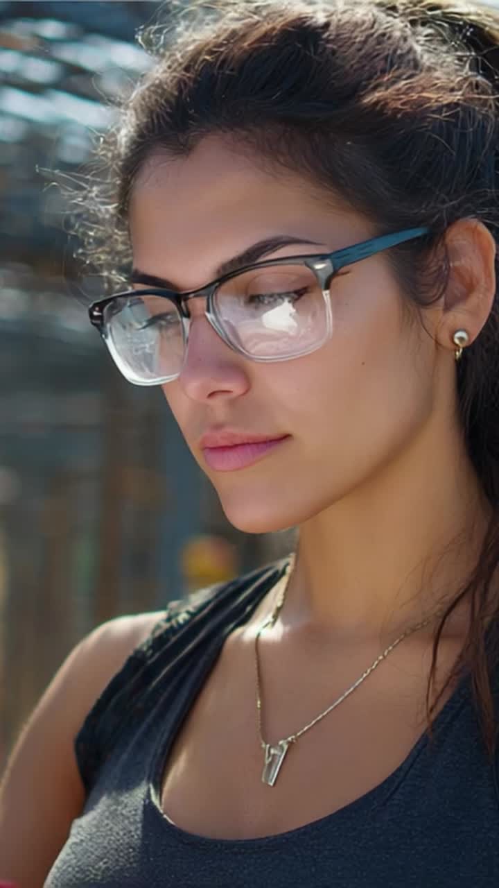 Giovane donna pensierosa con occhiali e capelli lunghi che posa all'aperto in un ambiente illuminato con luce naturale, con espressione riflessiva e atteggiamento composto