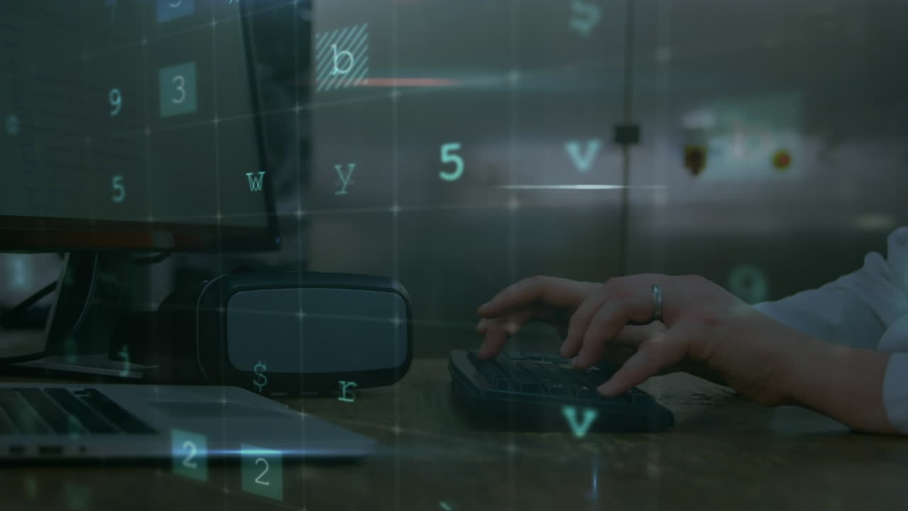 Animation of scanning and malware detected over hands on caucasian man using laptop and numbers
