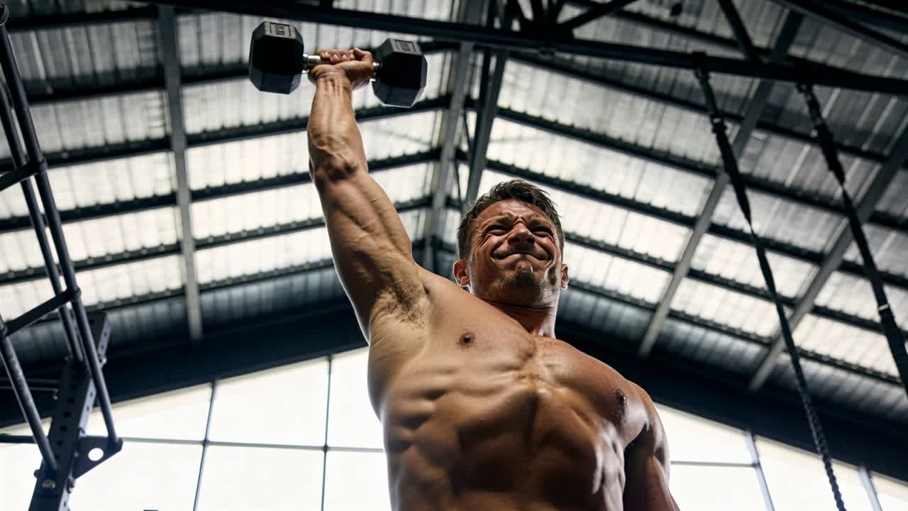 Skjorteløs mand starter et sæt fra skulderposition og presser en hex-håndvægt op i fitnesscenteret for at opbygge styrke.