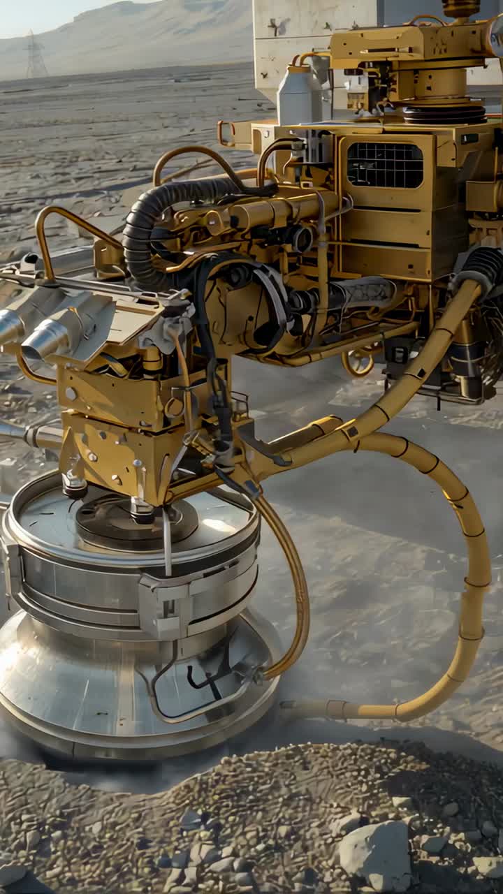 Vertical video: Lowering yellow arm touching ground, spinning round tool raising dust, hoses moving