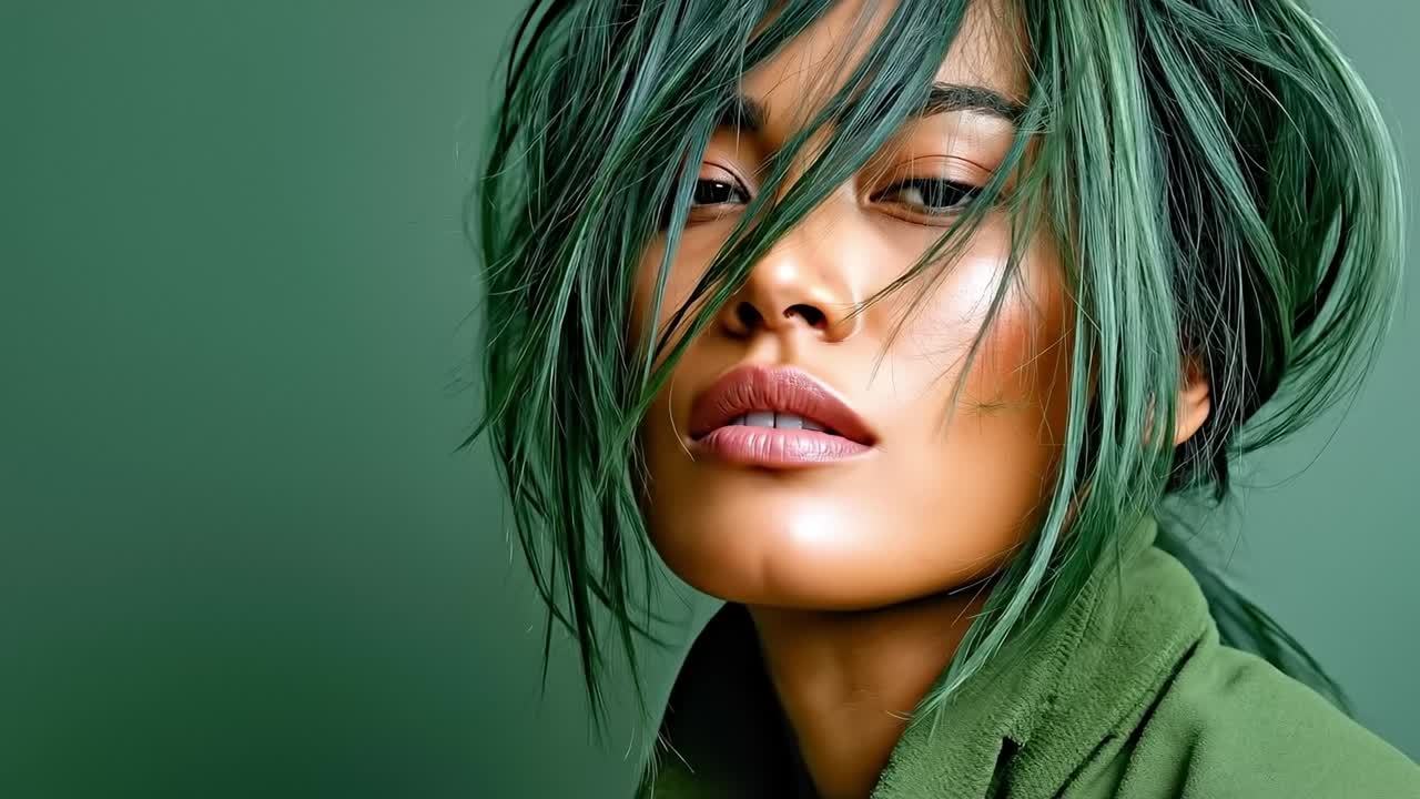 una mujer con cabello verde y una chaqueta verde