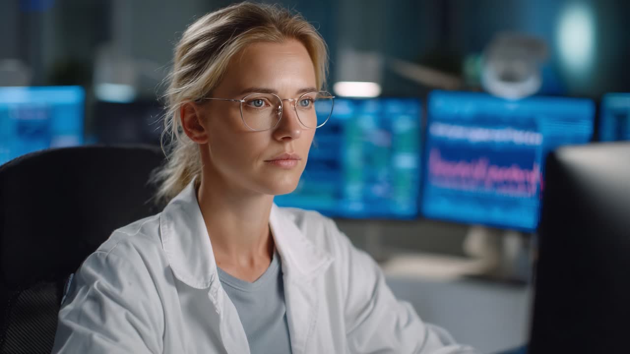 Focused Researcher in High-Tech Lab Environment Analyzing Data on Multiple Screens with Serious Concentration and Professional Demeanor