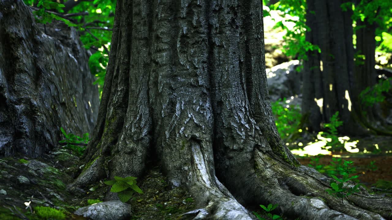 Majestic tree roots intertwine with rocks in a serene forest setting