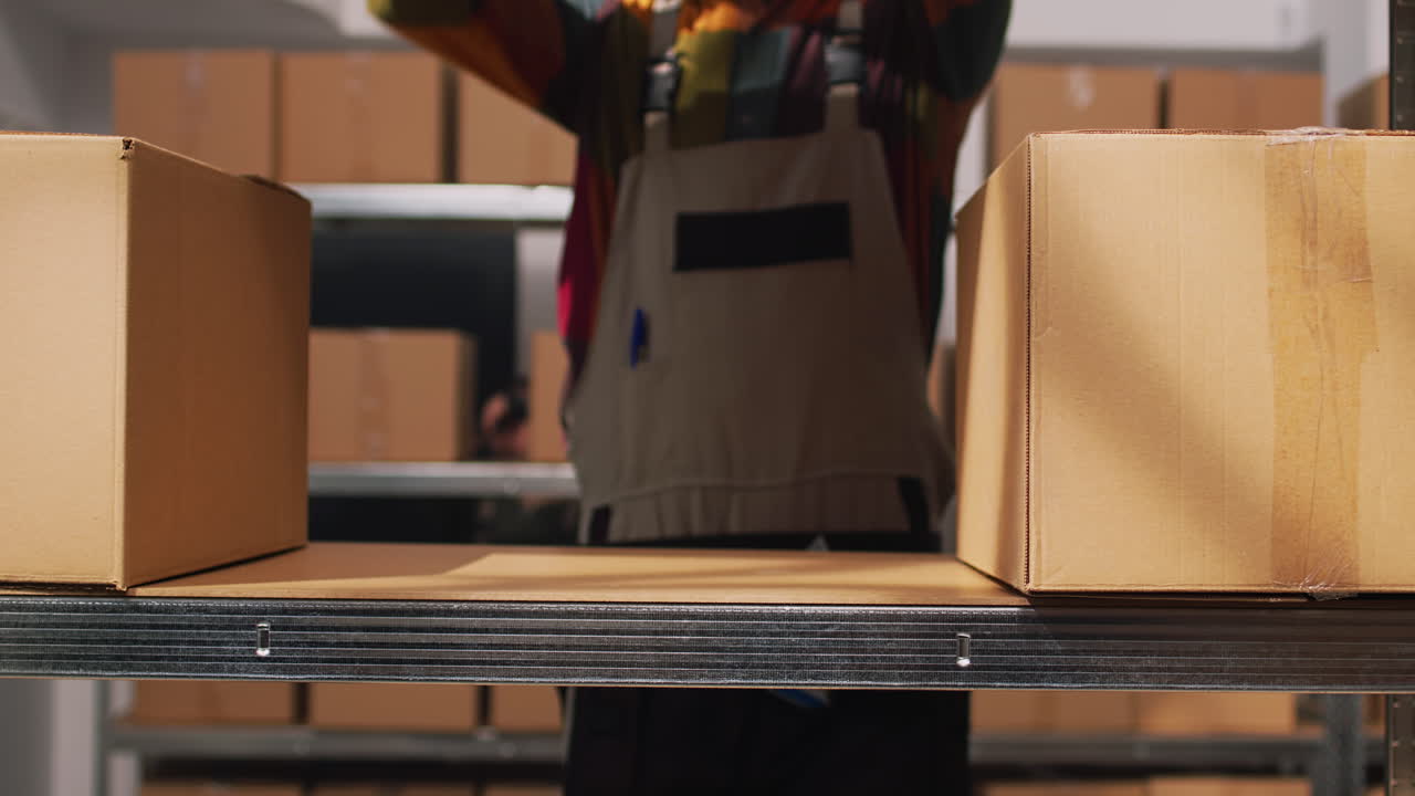 Warehouse storage with cardboard boxes on shelves