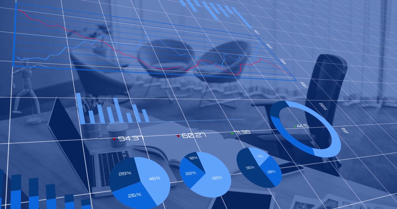 Animation of statistical data processing against close up of a desk at office