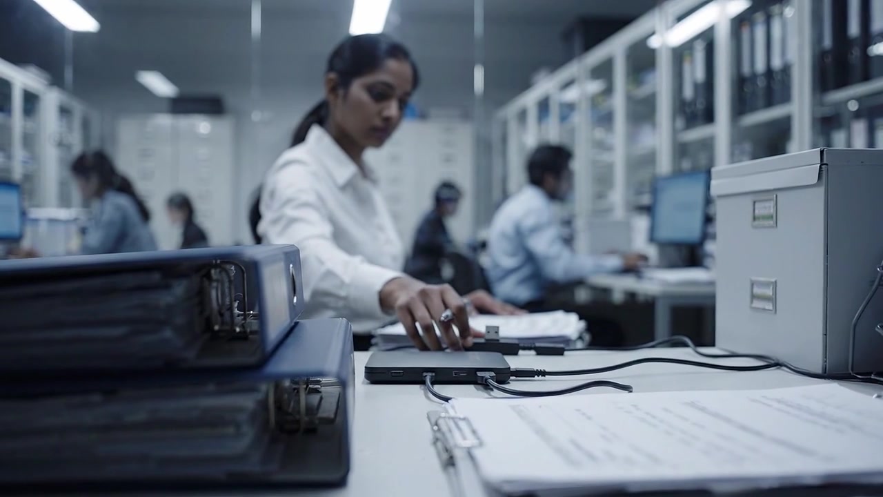 Focused Workplace Environment with Professionals Engaged in Paperwork and Data Management in a Modern Office Setting