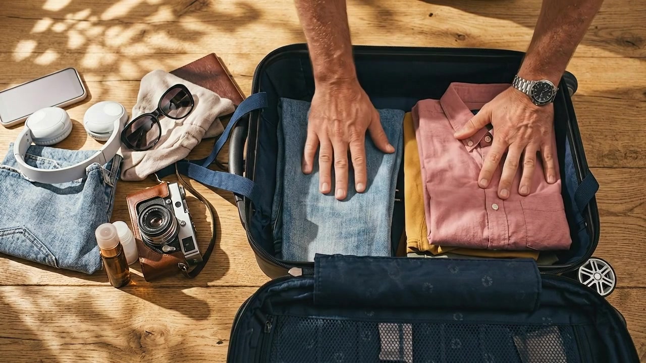 Traveler Packing Clothes Inside Suitcase for Journey Preparation