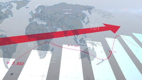 animation of financial data processing with graph and world map on grey background