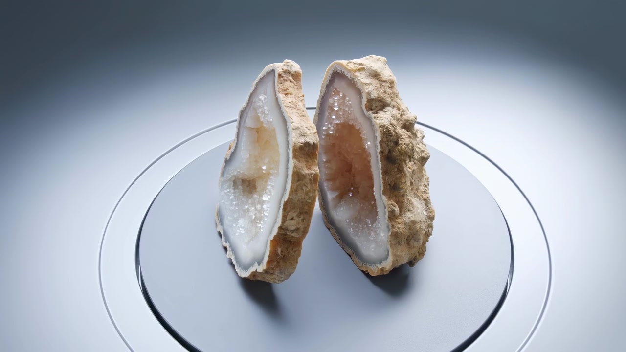 Geodi dimezzati accoppiati su un espositore circolare riflettente sotto una luce da studio direzionale e soffusa, che mostrano cavità cristalline, texture minerali, composizione equilibrata e uno sfondo sfumato freddo.