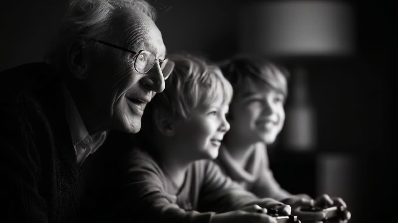 A Heartwarming Family Bonding Moment: An Elderly Man Joyfully Plays Video Games with Two Children, Sharing Laughter and Connections Across Generations in a Cozy Setting