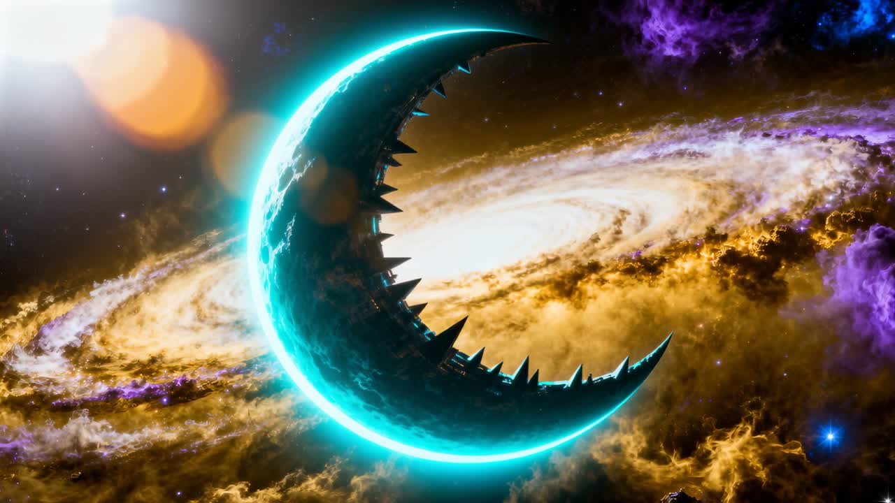 Reacting to left flare, spiked crescent rotating and brightening in space, with spiral galaxy