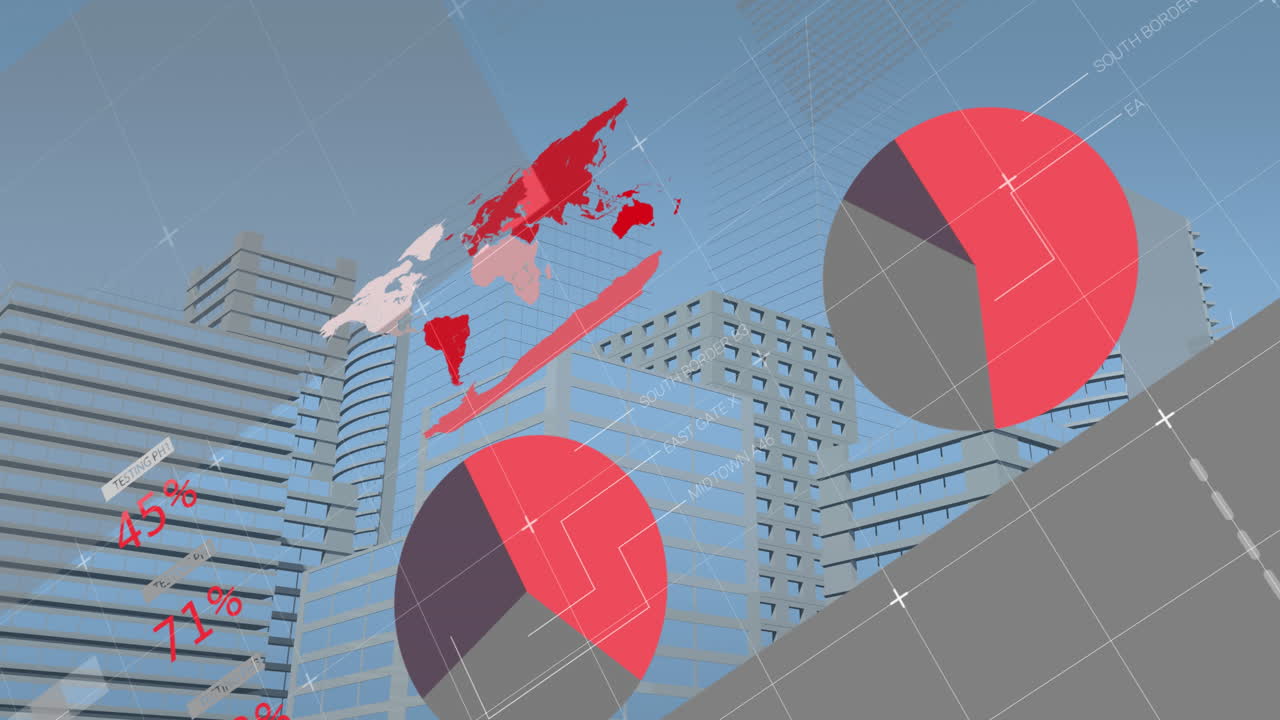 анимация инфографического интерфейса над современными зданиями на синем фоне
