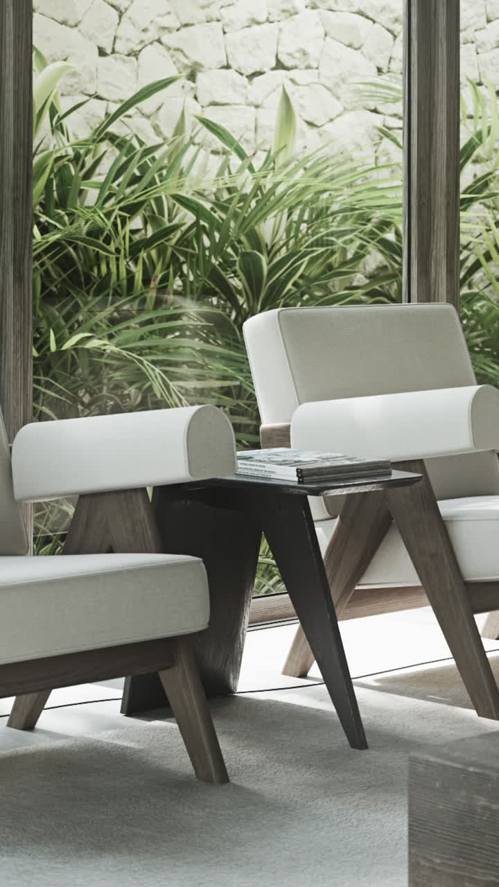 Modern chair in a tropical garden setting near a glass wall