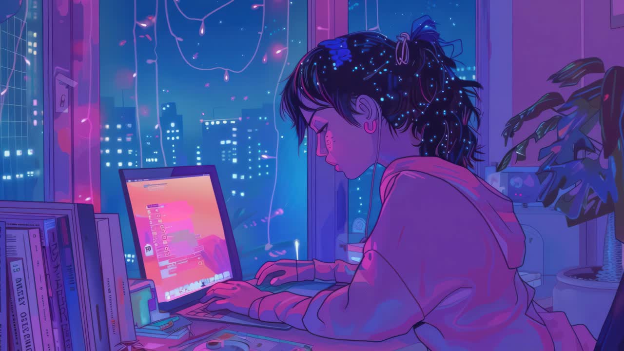 A vibrant, neon-lit scene of a person working on a laptop, viewed from a side angle