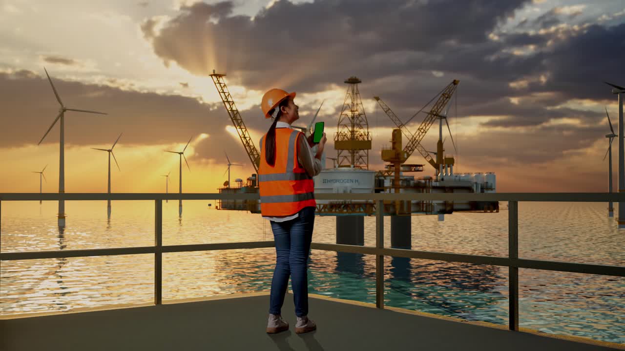 vista trasera completa del cuerpo de una ingeniera asiática con casco de seguridad trabajando en un teléfono inteligente de pantalla verde y mirando a su alrededor con la producción de hidrógeno