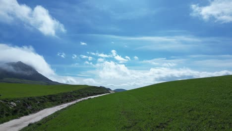 flying with a drone over a green meadow with some spectacular mountains in the background with a blue sky with white clouds