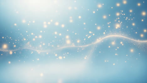 abstract blue and white background with golden glowing particles and light wave