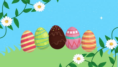 happy easter animated card with eggs painted in the camp