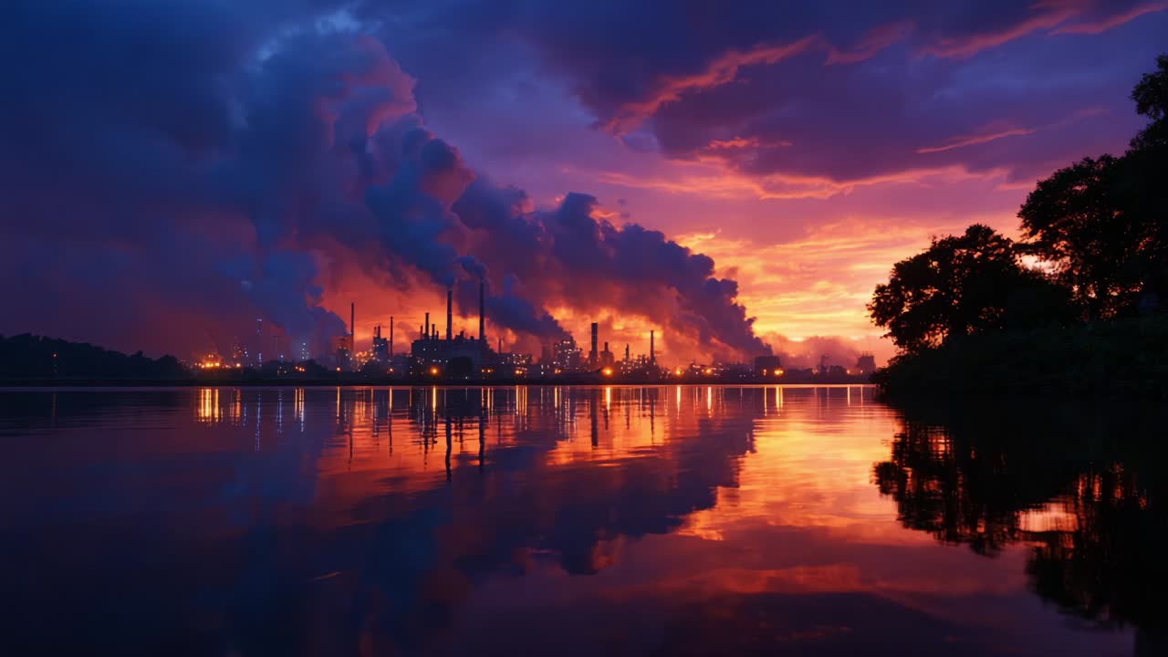 Industriel fabrik – solnedgangsrefleksion