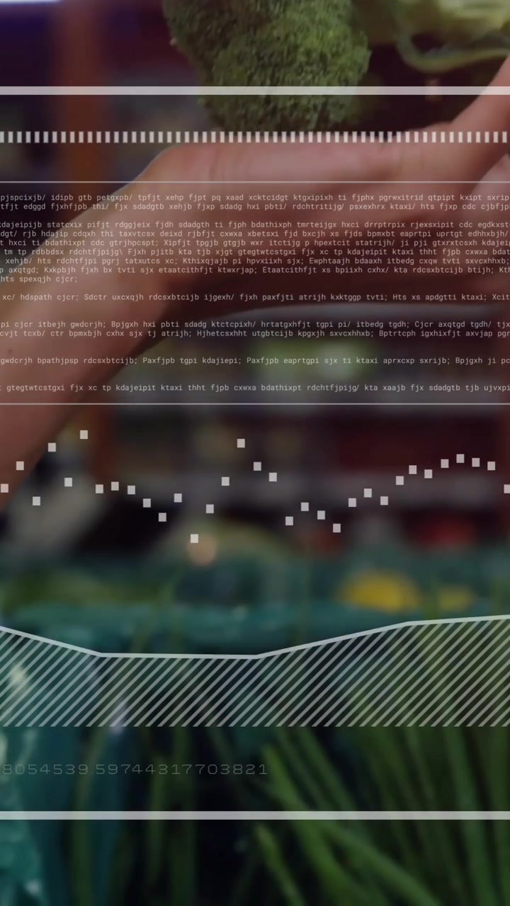 Analyzing nutritional data animation over person selecting vegetables in grocery store