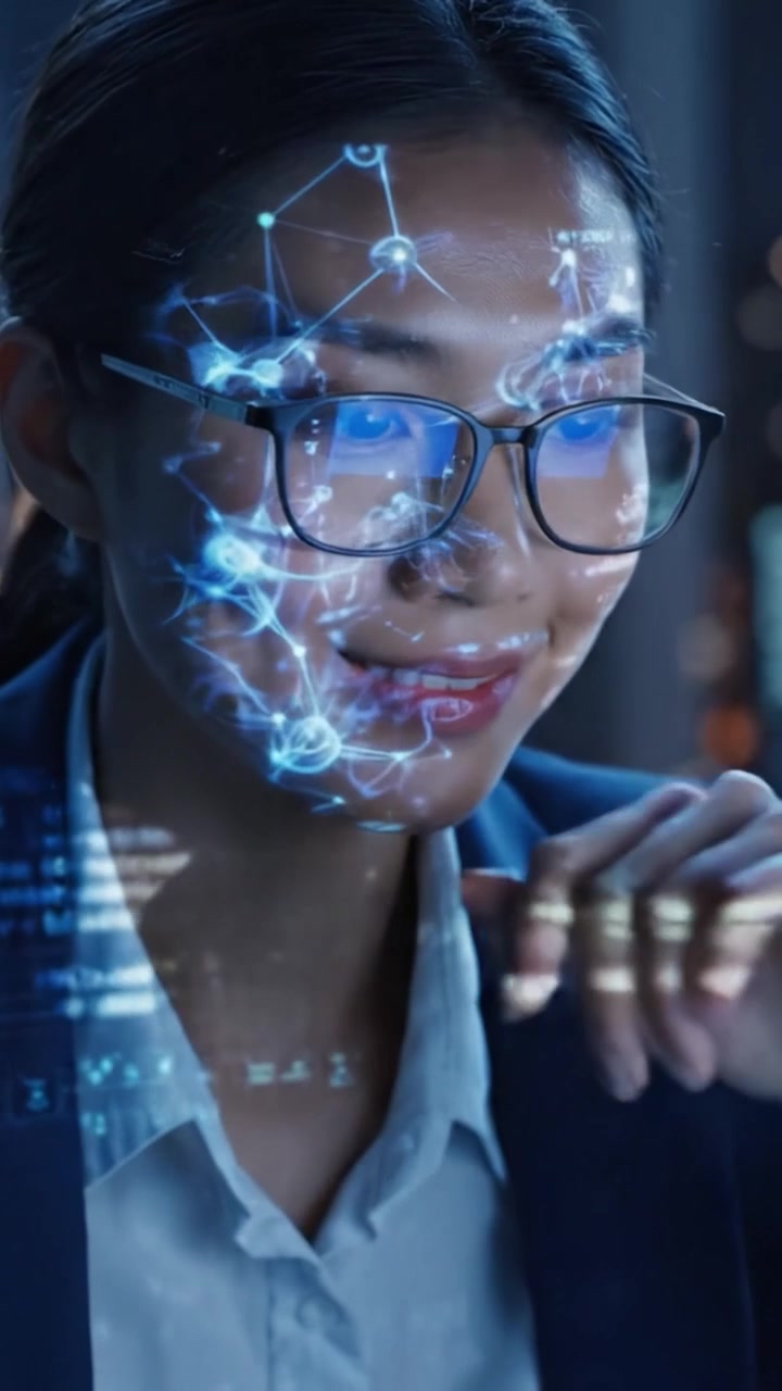 Una professionista della tecnologia concentrata analizza visualizzazioni di dati complessi e codice con innovative proiezioni di realtà aumentata sul suo viso.