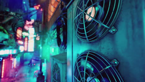 cyberpunk cityscape with glowing neon lights and industrial fans