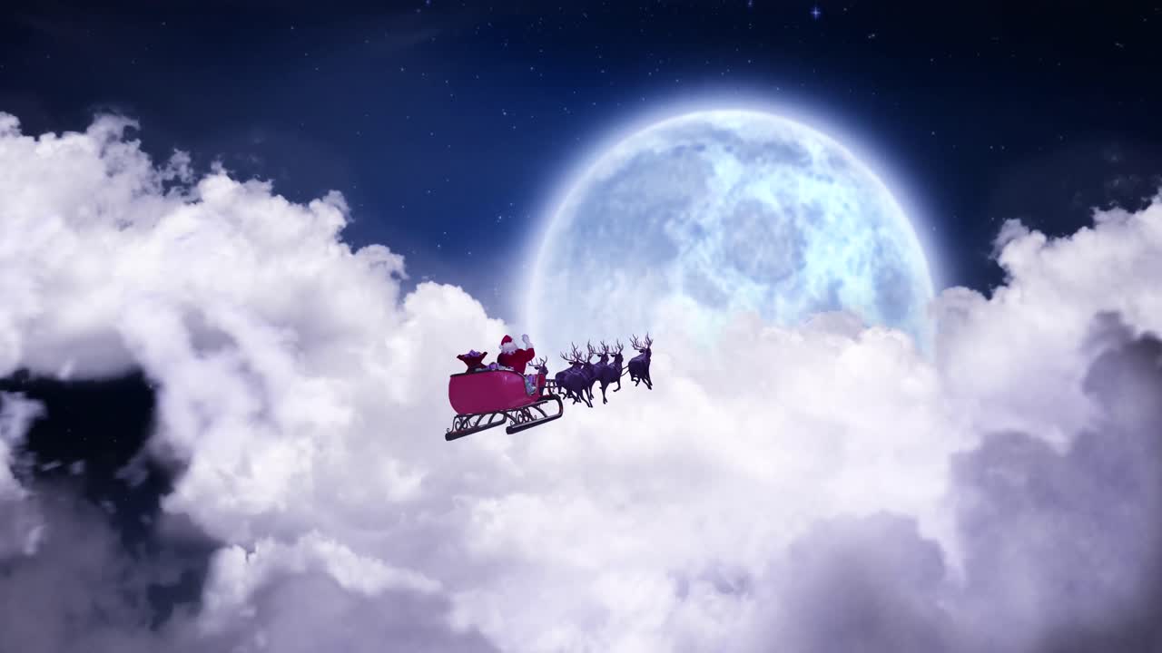 animación de navidad santa claus en trineo con renos sobre nubes y luna llena.