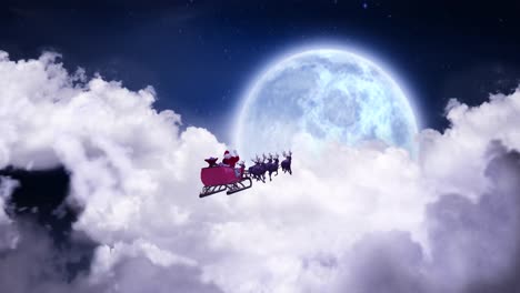 Animación-De-Navidad-Santa-Claus-En-Trineo-Con-Renos-Sobre-Nubes-Y-Luna-Llena