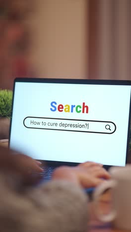 video vertical de una mujer buscando cómo curar la depresión en internet